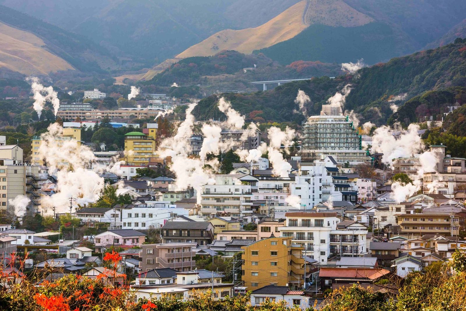 Beppu, Japan cityscape with hot spring bath houses. small