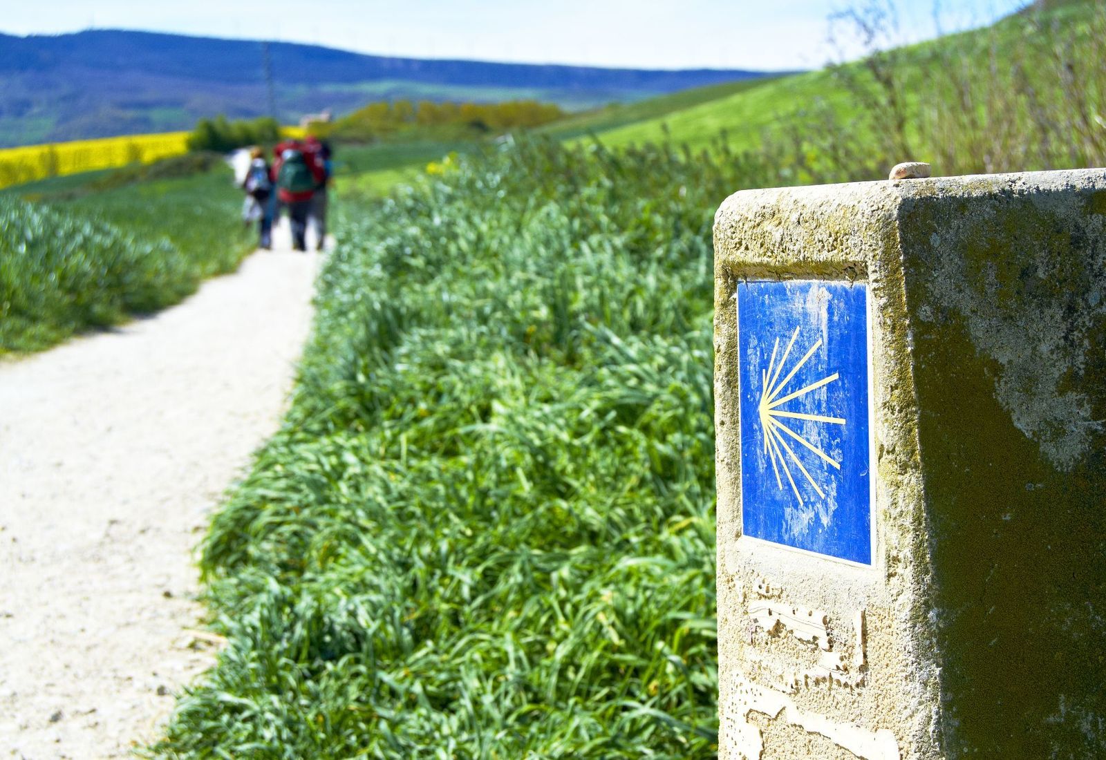 Camino-de-Santiago-Marker-with-Pilgrims-in-the-Distance