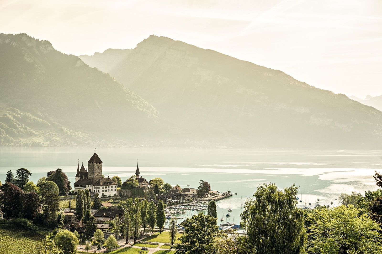 Historic Spiez Castle and its marina along the calm waters of Lake Thun - supplied by Eurotrek