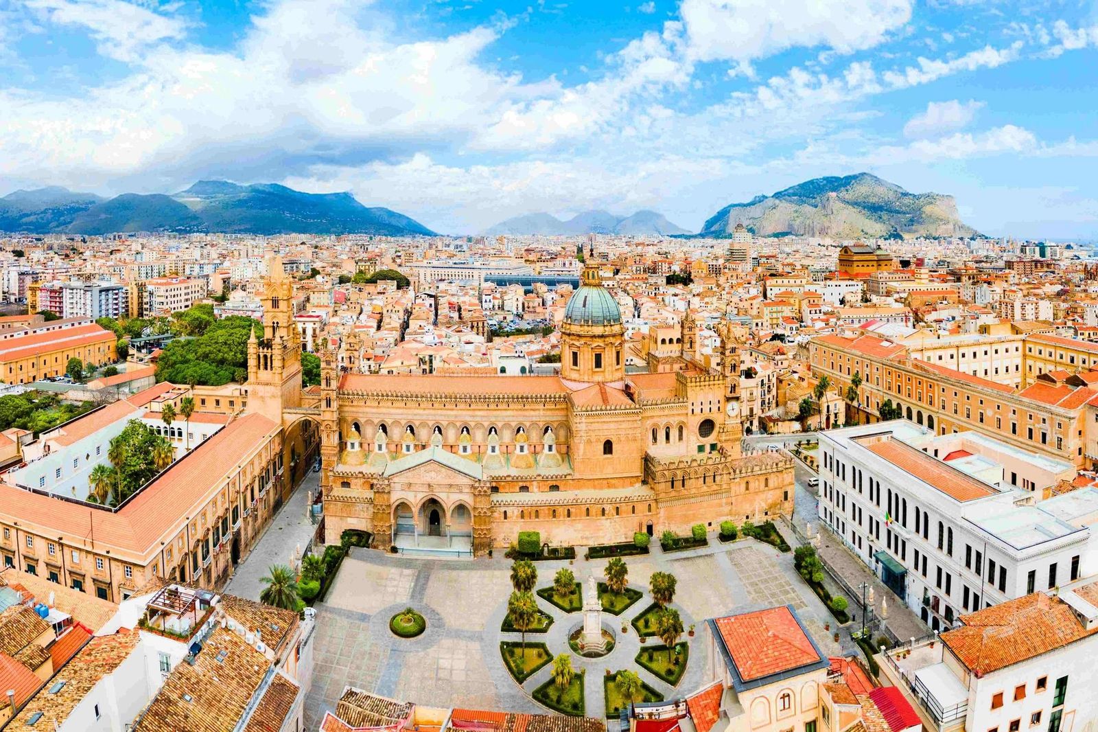 Palermo Cathedral or Duomo aerial panoramic view in Palermo. small