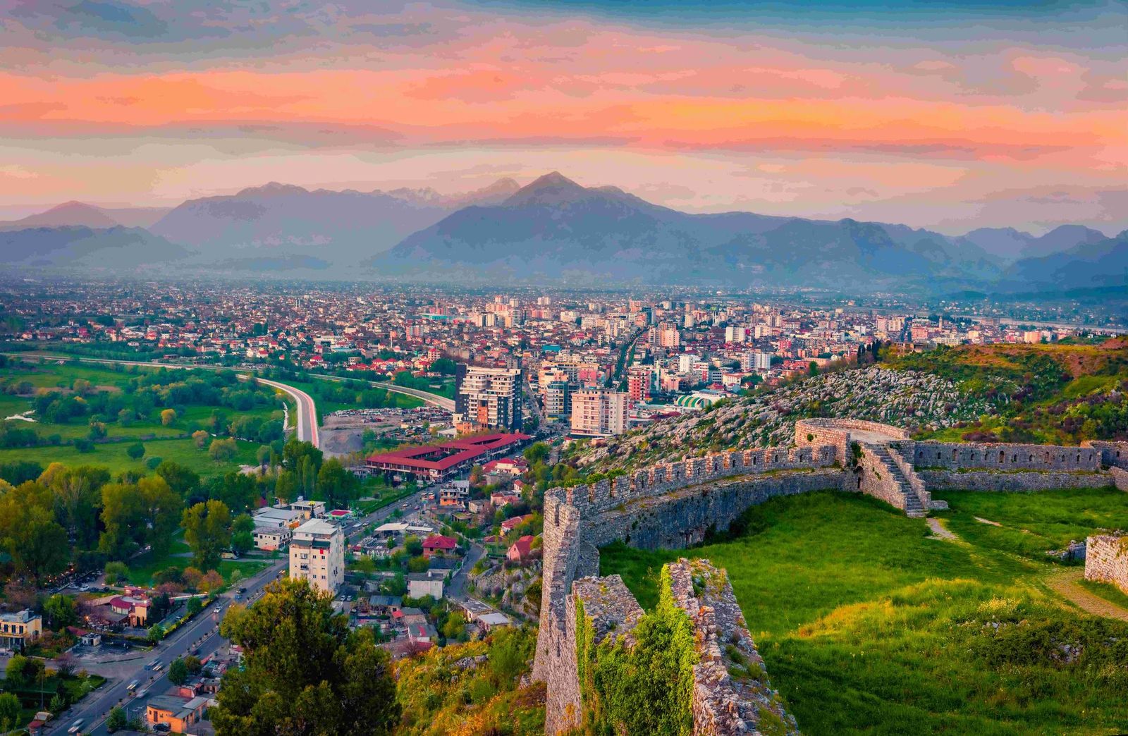 view of Rozafa Castle. Incredible spring cityscape of Shkoder town Albania SMALL