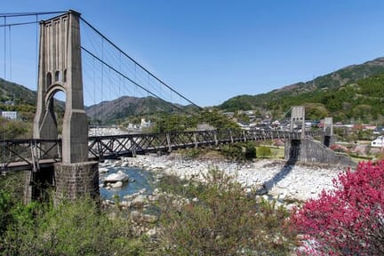 Historic-Momosuke-Suspension-Bridge-Over-River-in-Spring
