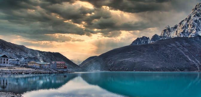 Ground view of Gokyo over lake and town