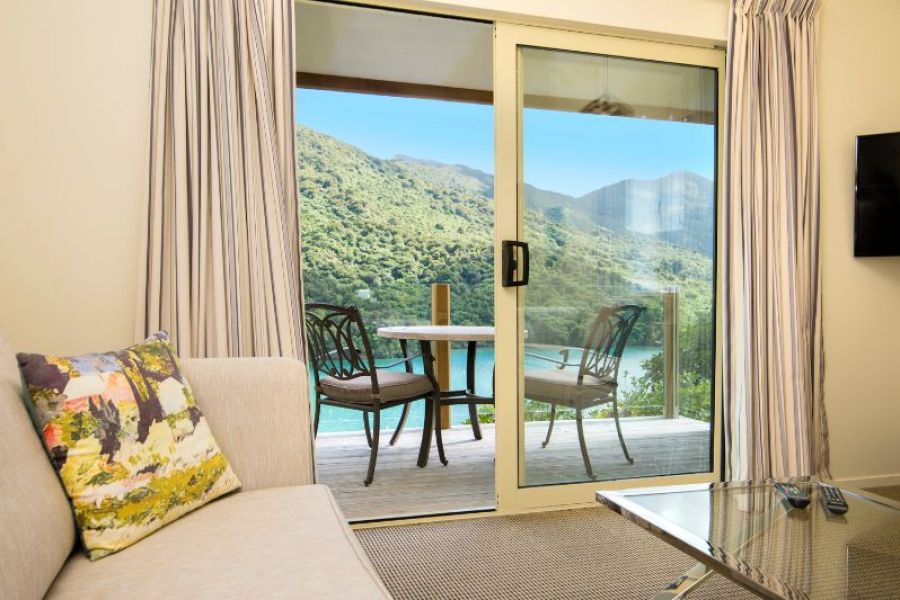 Living area at Punga Cove on the Queen Charlotte Track