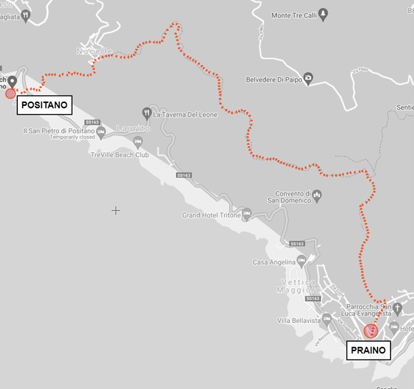 Path of Gods walk map Praino to Positano